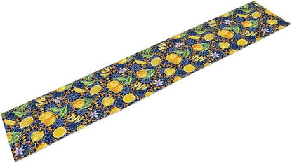 Yellow Lemon Table Runner Vintage Retro Summer Fruit Blue White Floral Printed Dining Table Decoration for Home Holiday Party Dresser Kitchen Cabin Restaurant Wedding Decor 13×90in