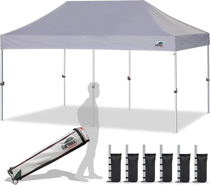 Eurmax USA 10'x20' Pop Up Canopy Tent Commercial Instant Canopies with Heavy Duty Roller Bag,Bonus 6 Sand Weights Bags (Grey)