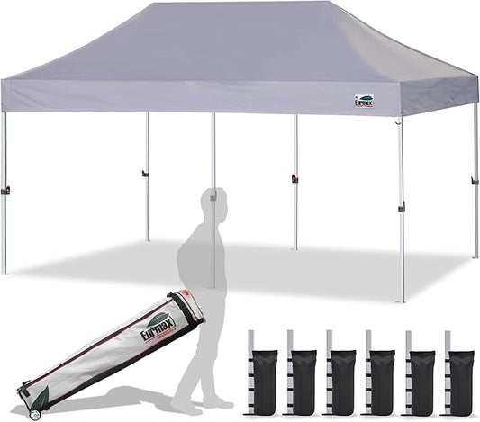 Eurmax USA 10'x20' Pop Up Canopy Tent Commercial Instant Canopies with Heavy Duty Roller Bag,Bonus 6 Sand Weights Bags (Grey)