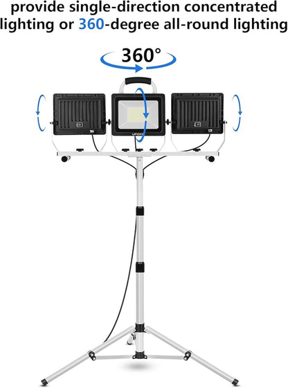 UFOND 22000 Lumen LED Work Light with Stand,3 Head Portable Work Lights with Individual Switch,Waterproof Work Lamp, Adjustable Metal Telescoping Tripod with Power Cord