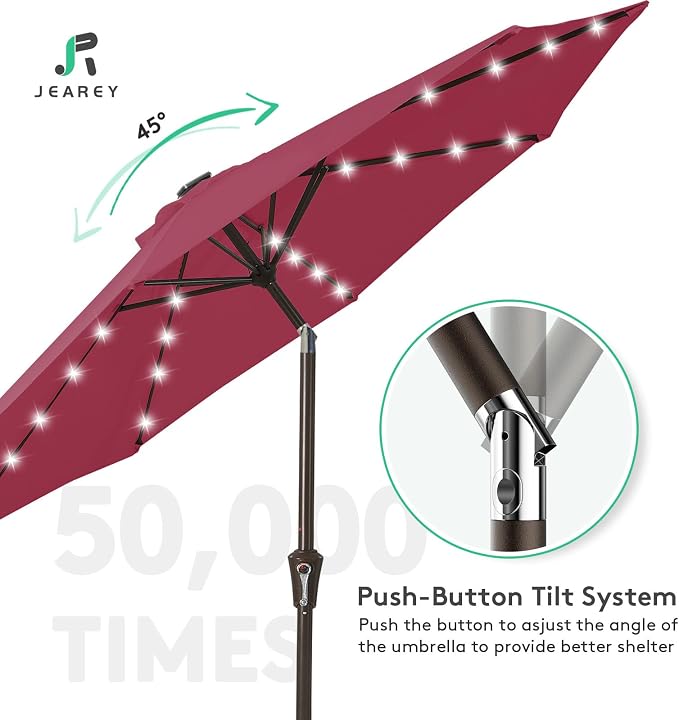 JEAREY 9' Patio Umbrella with Solar Lights, LED Umbrella, Burgandy | Outdoor - Image 4