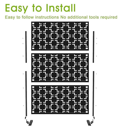 Casaphoria 72" H x 47" W Metal Outdoor Privacy Screen, Freestanding Decorative Divider for Patio, Deck, Balcony, and Garden with Stable Base, Black-Square