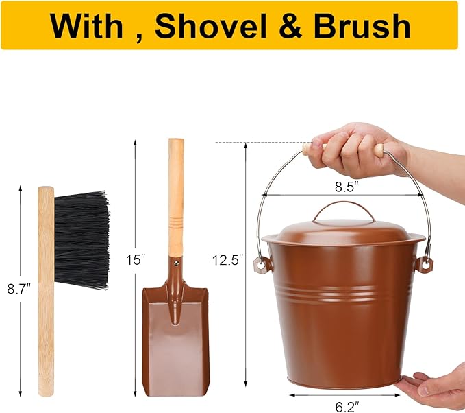 Mini Ash Bucket with Lid, 1.5-Gallon Pail with Shovel and Hand Broom, Metal Bucket Coal and Ash Carrier (Copper)