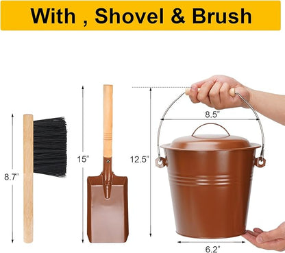 Mini Ash Bucket with Lid, 1.5-Gallon Pail with Shovel and Hand Broom, Metal Bucket Coal and Ash Carrier (Copper)