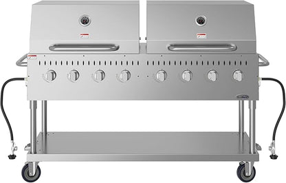 60 in. 8-Burner Commercial Outdoor Propane Gas Grill with 2 Roll Dome Covers in Stainless-Steel, ETL Listed (CGKIT6-D30D30)