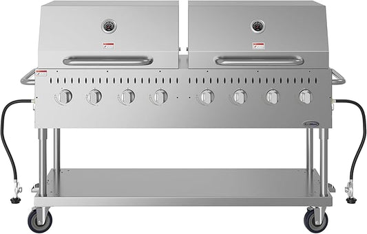 60 in. 8-Burner Commercial Outdoor Propane Gas Grill with 2 Roll Dome Covers in Stainless-Steel, ETL Listed (CGKIT6-D30D30)