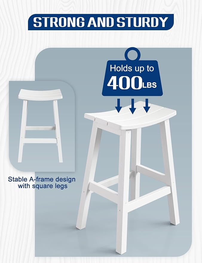 Weatherproof Bar Stools Set of 2, 28" Height Outdoor Bar Stools Holds up to 400 lbs, Saddle Seat, Bar Height Stools for Patio, Garden, and Kitchen Island, White