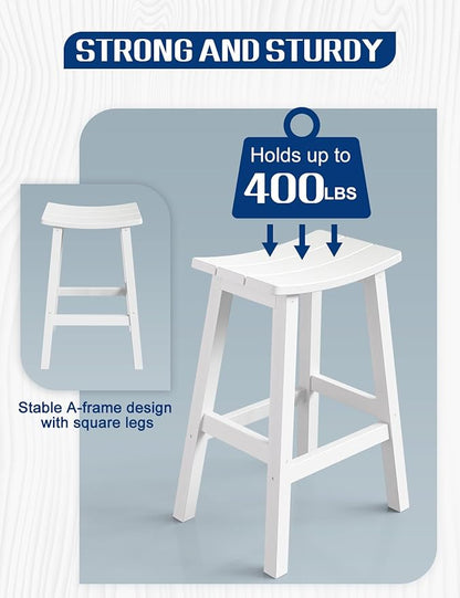 Weatherproof Bar Stools Set of 4, 28" Height Outdoor Bar Stools Holds up to 400 lbs, Saddle Seat, Bar Height Stools for Patio, Garden, and Kitchen Island, White