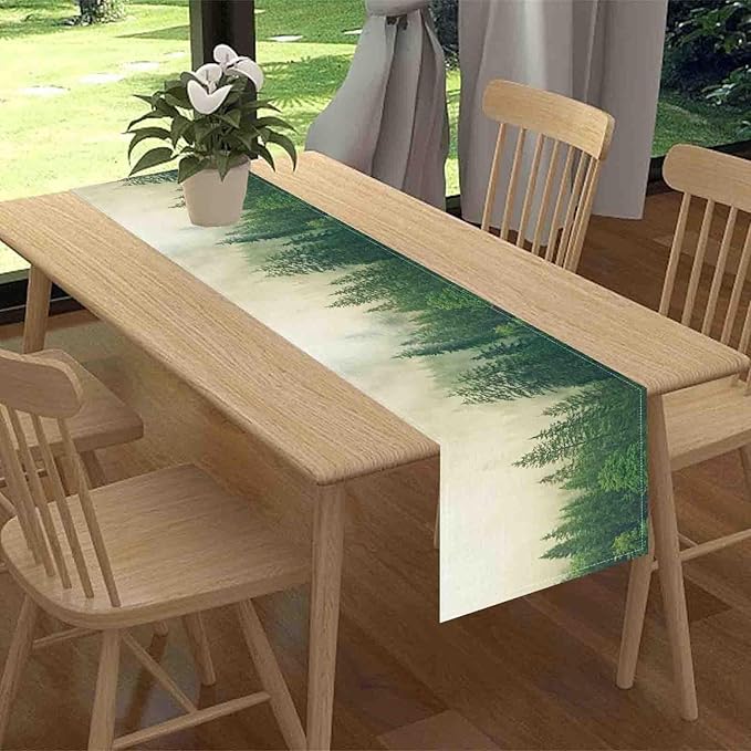 Forest Table Runner, Rustic Farmhouse Misty Pine Tree Woodland Jungle Mountain Country Coffee Table Center Decor for Kitchen Dining Patio Holiday Party Indoor Outdoor Table Decorations, 13"x36" Inch