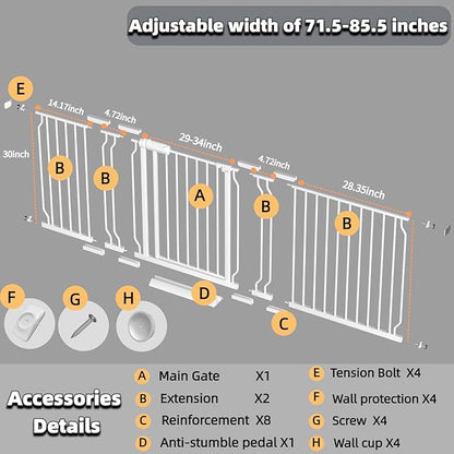 TSAYAWA Baby Gate Extra Wide Fits 71.5-85.8 inch Wide Opening - Dog Pet Gates for Doorways Stairs No Drilling Pressure Mounted - Large Child Safety Gate Indoor Outdoor White