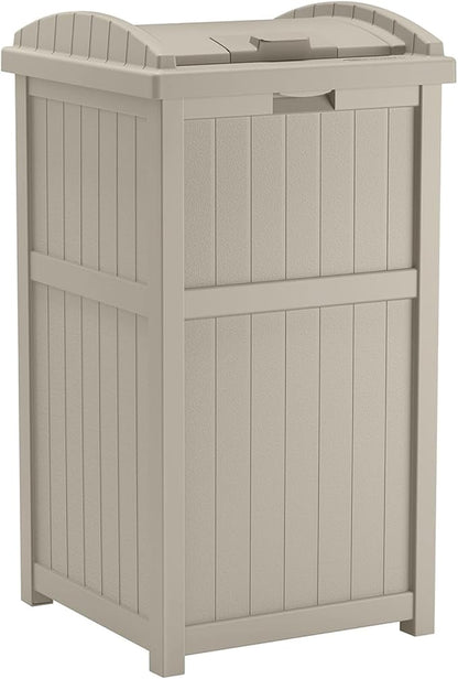 Suncast Hideaway Outdoor Trash Can with Lid - 30 Gallon Trash Can, Light Taupe, Decorative Wicker-Style Garbage Bin, Weather-Resistant Resin Fits 30-33 Gallon Bags, Ideal for Patio & Yard, Made in USA