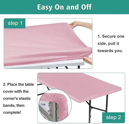 LUSHVIDA 6 Packs Vinyl Tablecloths with Flannel Backing for 8ft Rectangle Folding Table Cloths - Waterproof Plastic Picnic Table Covers with Elastic Corners, 30x96 inch, Pink