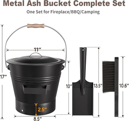 AMAGABELI GARDEN & HOME XL 3-Gallon Metal Ash Bucket with Lid Shovel Broom for Coal Ash Can Fire Pit Charcoal Fireplace Bucket Essential Tools for Indoor Outdoor Wood Burning Stove Hearth Accessories