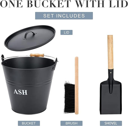 Ash Bucket with Lid, Shovel, and Broom - 3.5-Gallon Metal Ash Can for Fireplaces, Wood Stoves, and Fire Pits