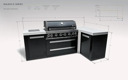 Mont Alpi MAi805-BSS90 44-inch 6-Burner 115000 BTU Deluxe Black Stainless Steel 90 Degree Outdoor Kitchen Gas Island Grill w/Infrared Side Burner Rotisserie Kit + Storage Drawers & Cabinets