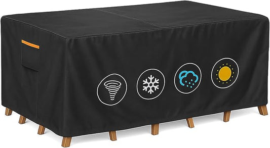 Outdoor Waterproof Furniture Cover, 136W x 74L x 28H inches Heavy Duty 600D Rectangular Table and Chair Set Protection, Black