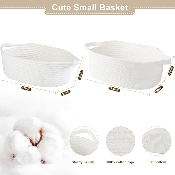 OIAHOMY Gift Basket Empty with Handle, 13.4"x 10"x 5.5" Small Woven Basket with Gift Bag, Ribbon and Wrap Tissue Paper, Dog Toy Storage for Organizing - White