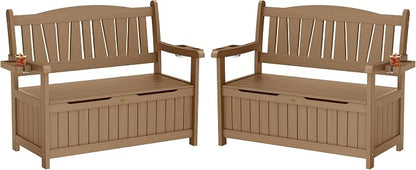 YEFU Outdoor Bench Set of 2, Heavy Duty Garden Storage Bench, Teak | HIPS by YEFU