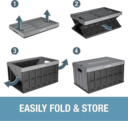 CleverMade Collapsible Storage Bins with Lids - Stone 3 Pack 46L - Plastic Containers Stackable Organization Crates Home Closet Space-Saving Durable