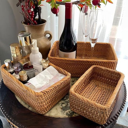 Natural Rattan Storage Baskets, Rectangular Woven Fruit Baskets, Decorative Wicker Basket and Small Baskets for Organizing (Set of 3)