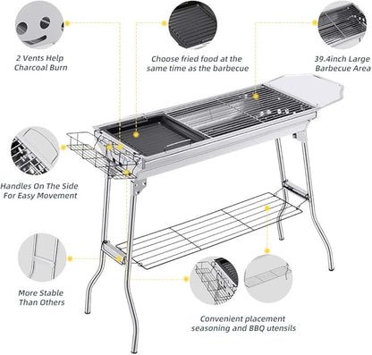 Portable Charcoal Grill,Outdoor BBQ Grill for Christmas Picnic, Thanksgiving Family Gathering and Backyard Barbecue,With Storage Bag & Non-Stick Frying Pan