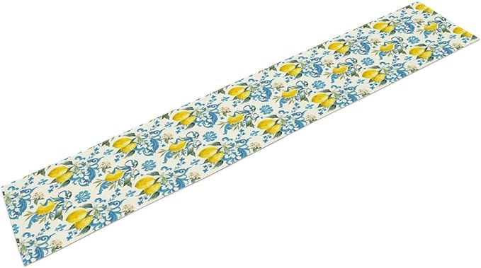 Lemon Flower Table Runner, Summer Fruit Sicilian Style Table Runner for Indoor Outdoor Kitchen Home Party Holiday Dining Table 13x60in