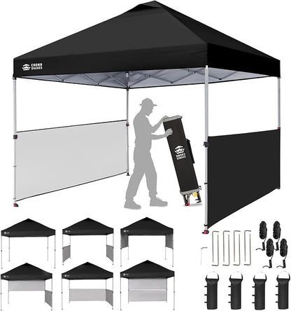 CROWN SHADES 10x10 Pop up Canopy Tent Instant Canopy with 150D Silver Coated Fabric Including 2 Half Sidewalls, 4 Ropes, 8 Stakes, 4 Weight Bags, STO 'N Go Bag, Black