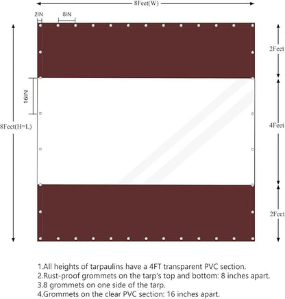 20 Oz Outdoor Vinyl Curtain, Outdoor Clear Panel Curtain, Weather Resistant Outdoor Curtain for Pergola, Porch, Gazebos, with Rustproof Grommets (8'H x 10'W, Brown)