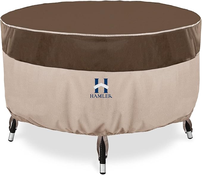 HAMLER Round Outdoor Table Cover, Heavy Duty Outdoor Table Chair Set Covers with Air Vents and Handles, Patio Table Cover Fits up to 96" D x 27.5" H, Brown & Beige