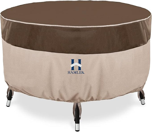 HAMLER Round Outdoor Table Cover, Heavy Duty Outdoor Table Chair Set Covers with Air Vents and Handles, Patio Table Cover Fits up to 96" D x 27.5" H, Brown & Beige