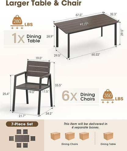 Patio Outdoor Dining Set for 6, Aluminum 7 Piece HDPS Outdooor Table and Chairs Set with Umbrella Hole, Modern Rectangular Patio Furniture Set with All-Weather Table & 6 Chairs (Charcoal)