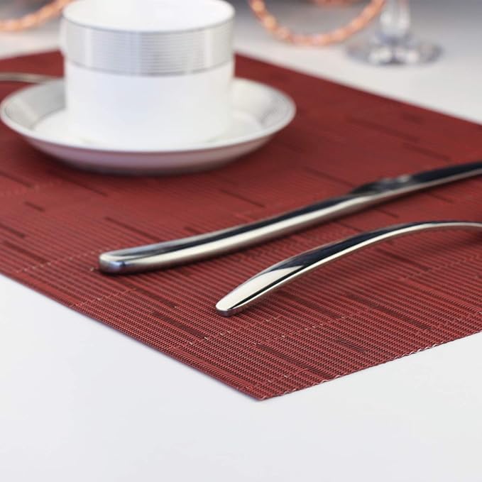 Plastic Placemats,Non Slip Washable Placemats for Dining Table Wipe Clean Table Mats Set of 6(Burgundy Red)