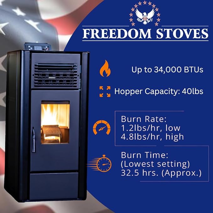 Freedom Stoves Pellet Stove: Independence PS21 Freestanding with Battery Backup and Wi-Fi, Heats 800–1800 Sq Ft, EPA Certified, 5 Year Warranty