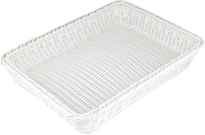 5 Pack Poly Wicker Bread Baskets 15.7x11.8x2.8 Inch, Restaurant-Grade Food Display Trays, Moisture-Resistant for Kitchen Storage/Tabletop Serving/Hotel Buffet (White)