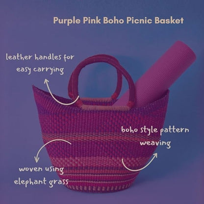 Purple Pink Picnic Basket, Reusable Grocery Bag, Kitchen & Dining Storage, Countertop Fruits Holder, Farmers Market, Beach, Harvesting, Foraging, Decorative, Wicker, Woven, Boho Style