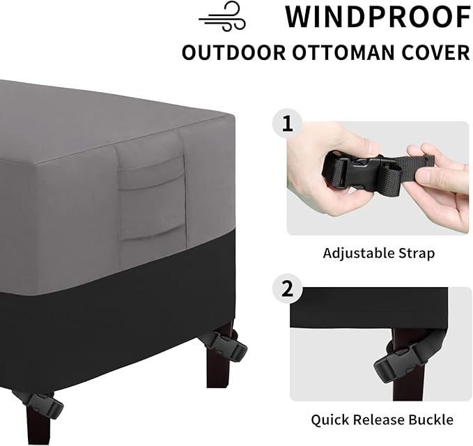Easy-Going Outdoor Ottoman Cover, Waterproof Patio Ottoman Cover, Heavy Duty Outdoor Furniture Cover with Padded Handles (1 Pack-25"x25"x17", Gray/Black)