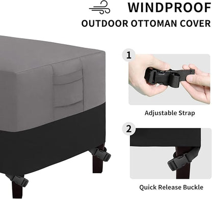 Easy-Going Outdoor Ottoman Cover, Waterproof Patio Ottoman Cover, Heavy Duty Outdoor Furniture Cover with Padded Handles (33"x33"x17", Gray/Black)