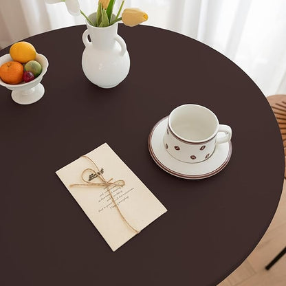 Round Fitted PU Tablecloth with High Elastic Edge 28 Inch Dia Waterproof Oil Proof Table Cloth Anti-Scald Stain-Resistant Wipeable Table Cover for Indoor Outdoor Picnic (Coffee,28" Dia)
