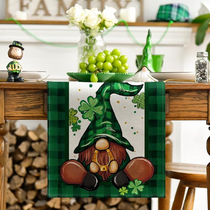 Artoid Mode Shamrock Buffalo Plaid Gnomes Lucky St. Patrick's Day Table Runner, Kitchen Dining Table Decor for Outdoor Home Party Decor 13 x 90 Inch