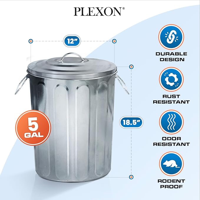 Plexon 5 Gallon Small Metal Trash Can with Lid Outdoor Galvanized Trash Can with Lid 5 Gal Ash Bucket for Bird Seed Container