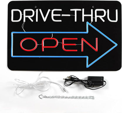 JFLLamp Large Drive Thru Open Neon Signs for Wall Decor Neon Lights for Bedroom Led Signs Suitable for Drive Thru Open Office Man Cave Bar Christmas 12V Power Adapter, 23.2*15Inch(Red + Blue+ White)