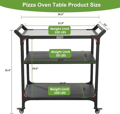 NUUK Outdoor Pizza Oven Table with Three-Shelf 24" x 32" Grill Cart Stainless Steel Rolling Prep Table with Solid Steel Frame, Outdoor Cooking Station Dining Bar Table