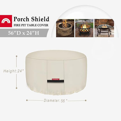 Porch Shield Fire Pit Cover - Waterproof 600D Heavy Duty Fade Resistant Round Patio Fire Bowl Cover Beige - 56 inch