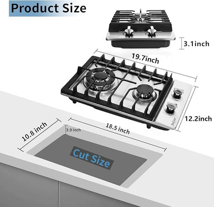 12 Inch Gas Cooktop, 2 Burners Built-in Gas Stovetop Stainless Steel Gas Stove Top Propane/Natural Gas Convertible Sealed Gas Cooktop for RVs, Apartments, Outdoor