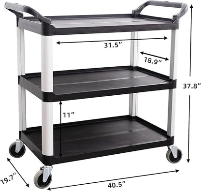 Matthew Plastic Large Utility Carts with Wheels,Heavy Duty 400lbs Capacity Rolling Service Cart,3-Tier Restaurant Food Cart with Hammer for Office,Warehouse,Garage - 2 Handles Black 41"H x 38"W x 20"D