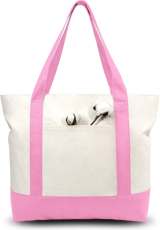 TOPDesign 3-Pack Canvas Tote Bags with an External Pocket, Reusable Grocery Shopping Bags, Top Zipper Closure, Daily Essentials (Pink/Natural)