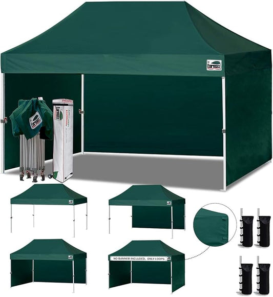 Eurmax USA 10'x15' Pop-up Canopy Tent Commercial Instant Canopies with 4 Removable Zipper End Side Walls and Roller Bag, Bonus 4 SandBags(Forest Green)