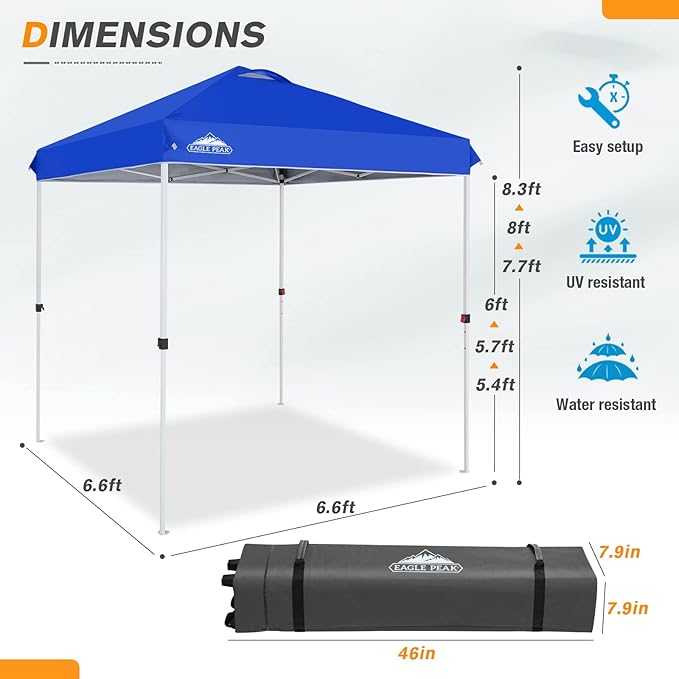 EAGLE PEAK Pop Up Canopy Tent with Wheeled Carry Bag, 8 Stakes, 4 Ropes, Easy Set Up Tent Canopy, 6.6x6.6 ft, Blue