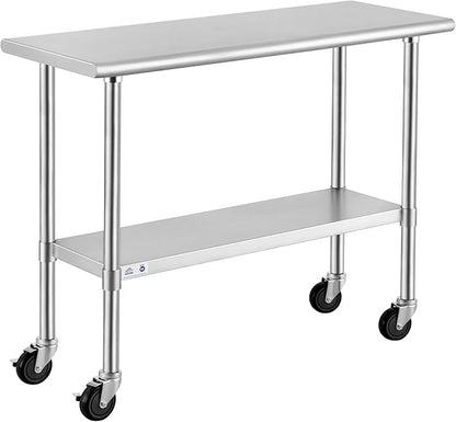 ROCKPOINT Stainless Steel Table for Prep & Work with Caster Wheels 18x48 Inches, NSF Metal Commercial Kitchen Heavy Duty Table with Adjustable Under Shelf and Table Foot for Restaurant, Home and Hotel