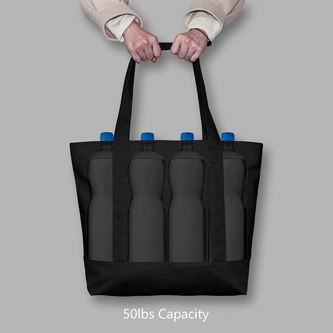 TOPDesign 6-Pack Canvas Tote Bags with an External Pocket, Reusable Grocery Shopping Bags, Top Zipper Closure, Daily Essentials (Black)
